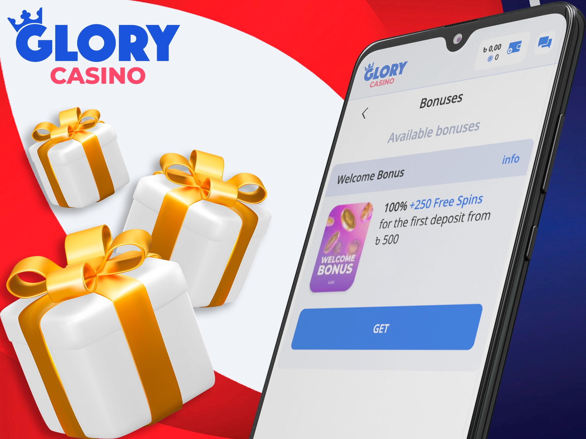 Get bonuses from Glory Casino on the mobile app.