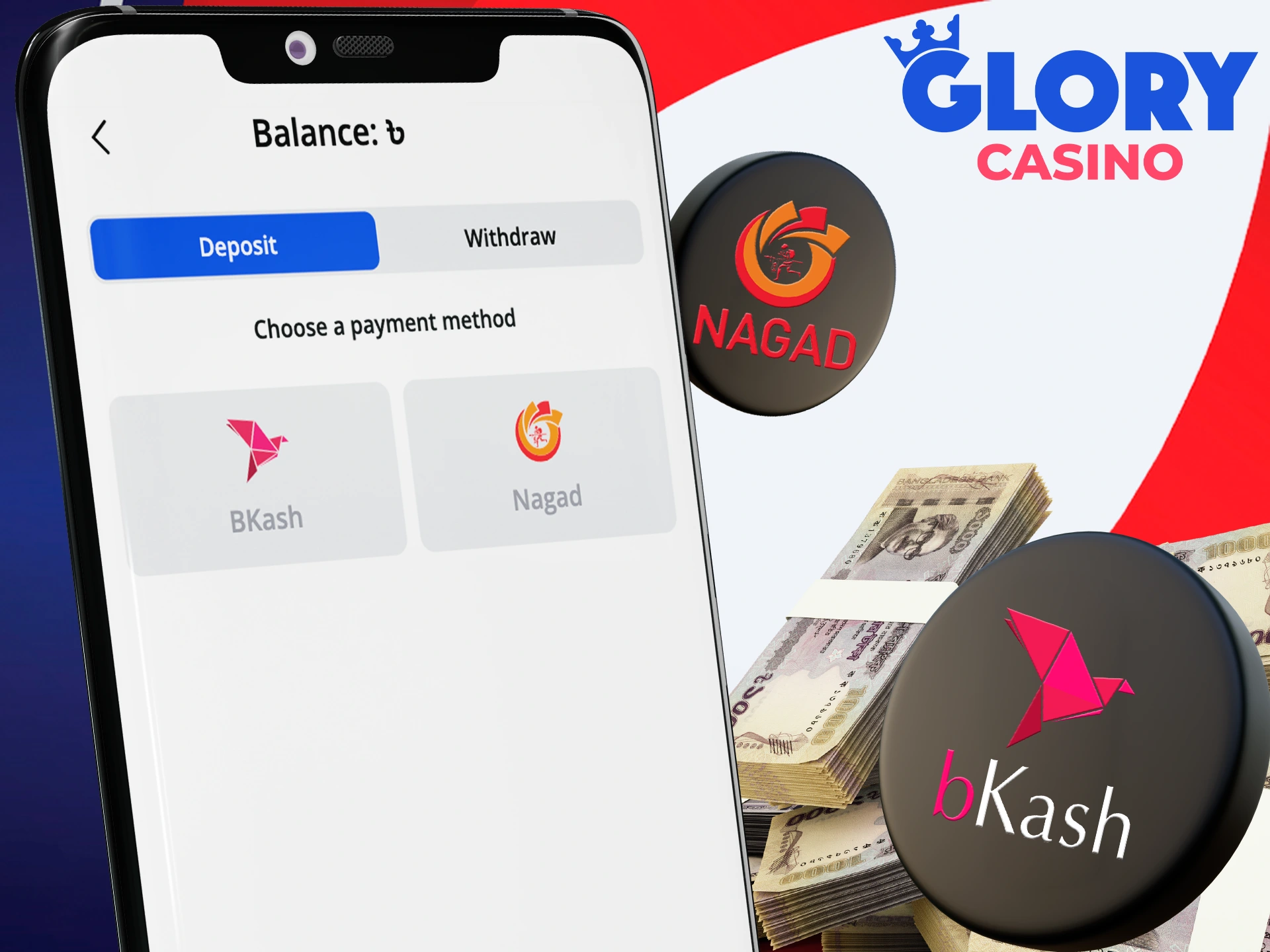 Choose your payment method on the Glory Casino app.