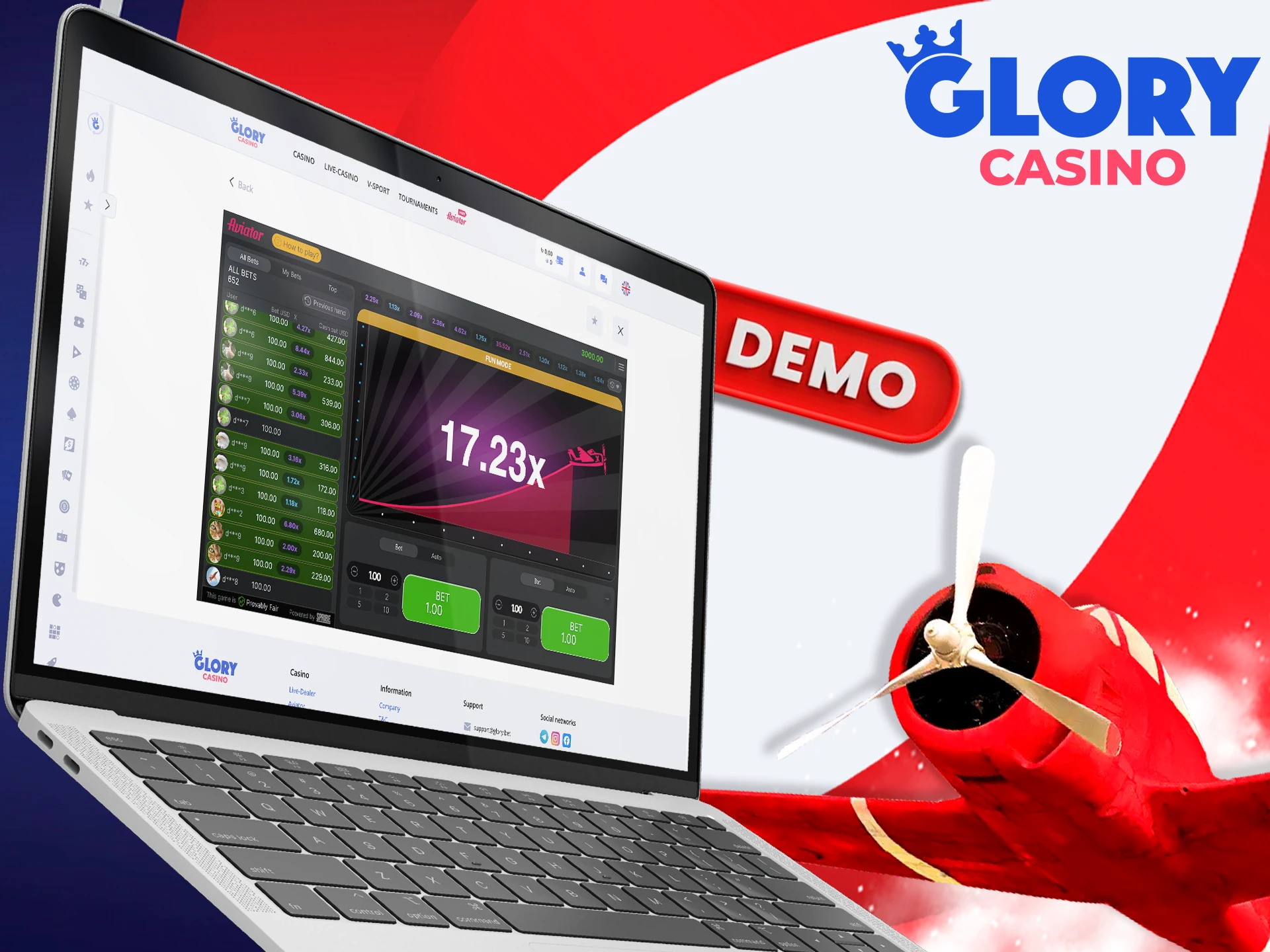 Try out Aviator in demo mode with Glory Casino.