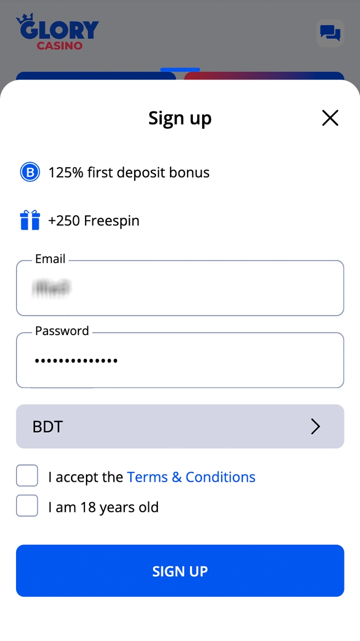 Fill out the Glory Casino registration form.