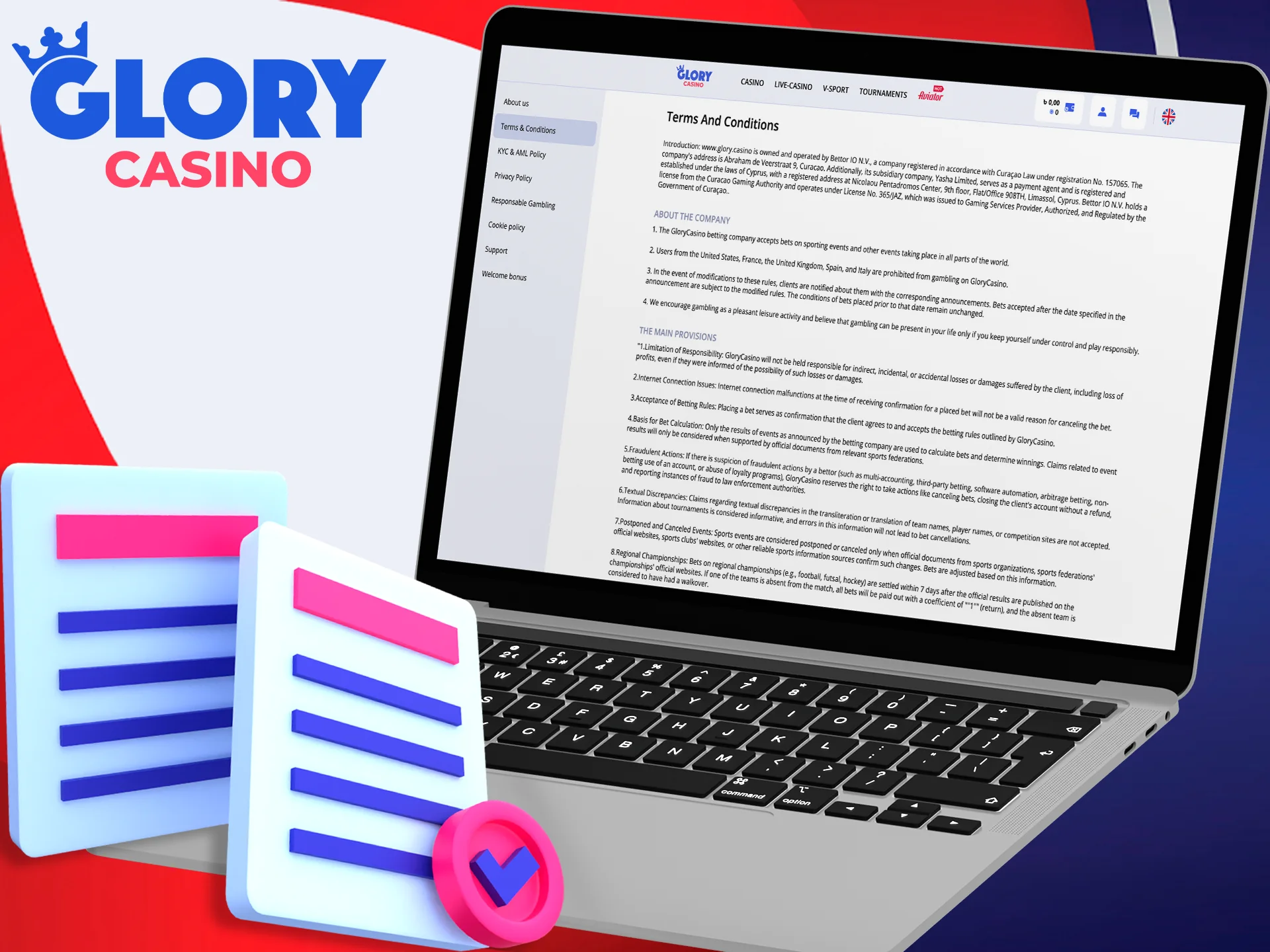 Read the geleral rules of Glory Casino.