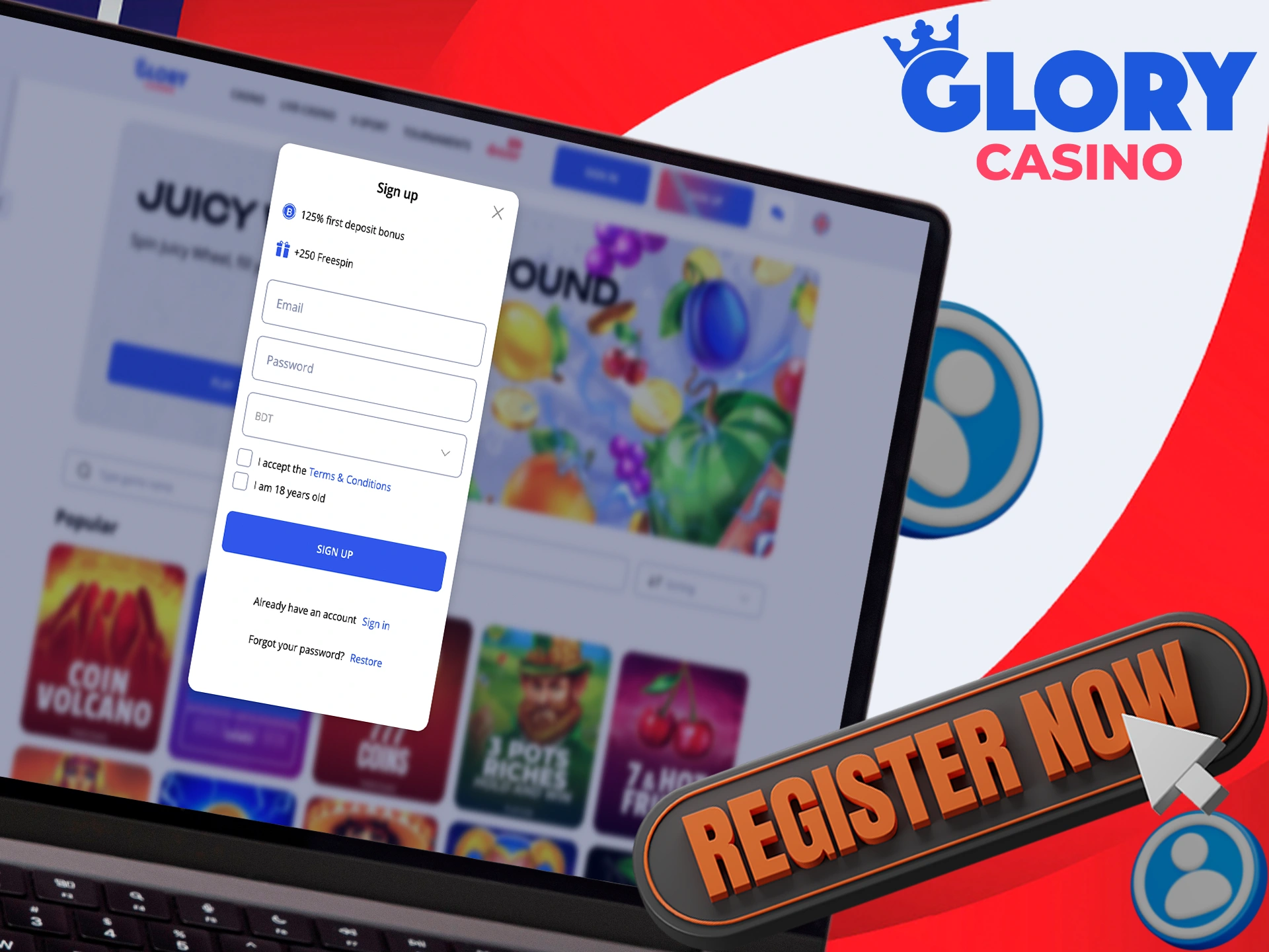 Go through the registration process at Glory Casino and become a winner.