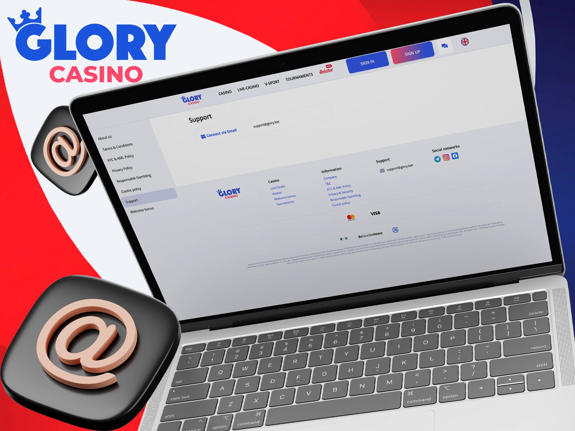 Use your email to get in touch with Glory Casino.