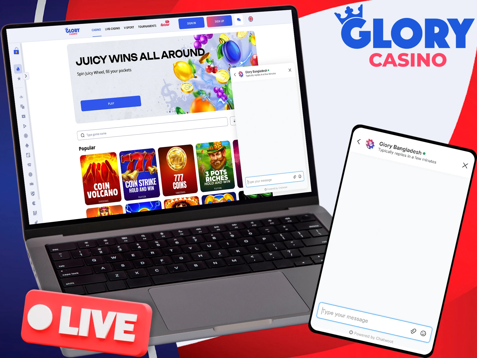 Contact Glory Casino online support chat.