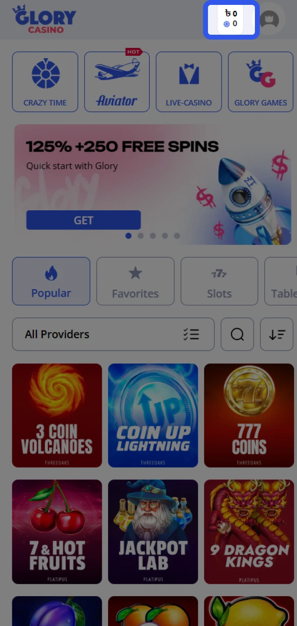 Top up your balance to play at Glory Casino.