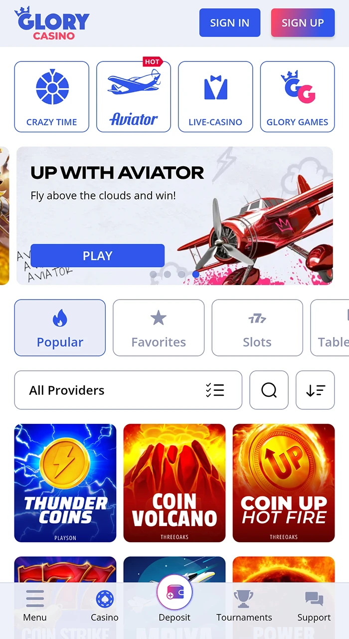 Launch your browser and type Glory Casino's offcial site into the address bar.