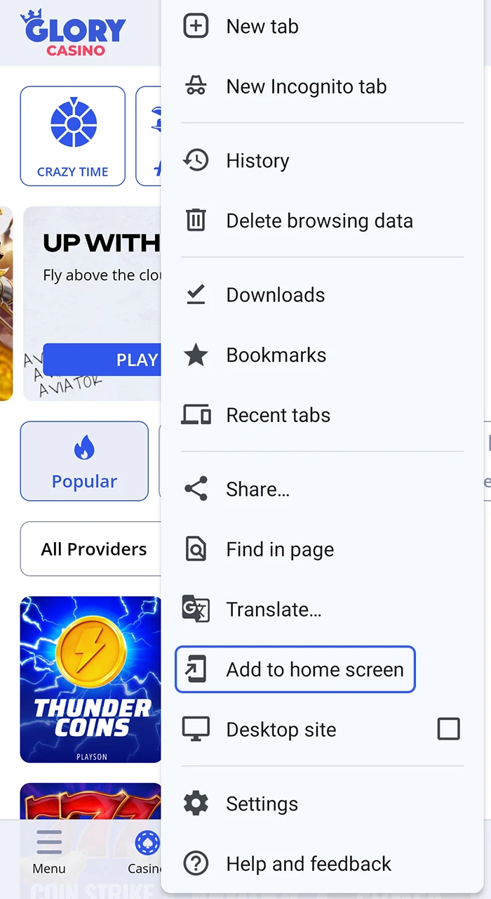 Open the browser menu to proceed with the installation of the Glory Casino app.