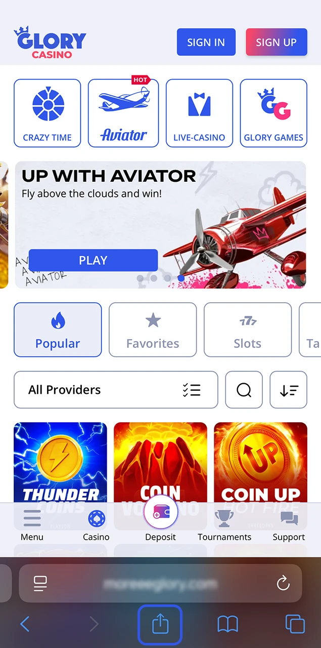 Bring up the Safari browser menu to start the installation process for the Glory Casino app.