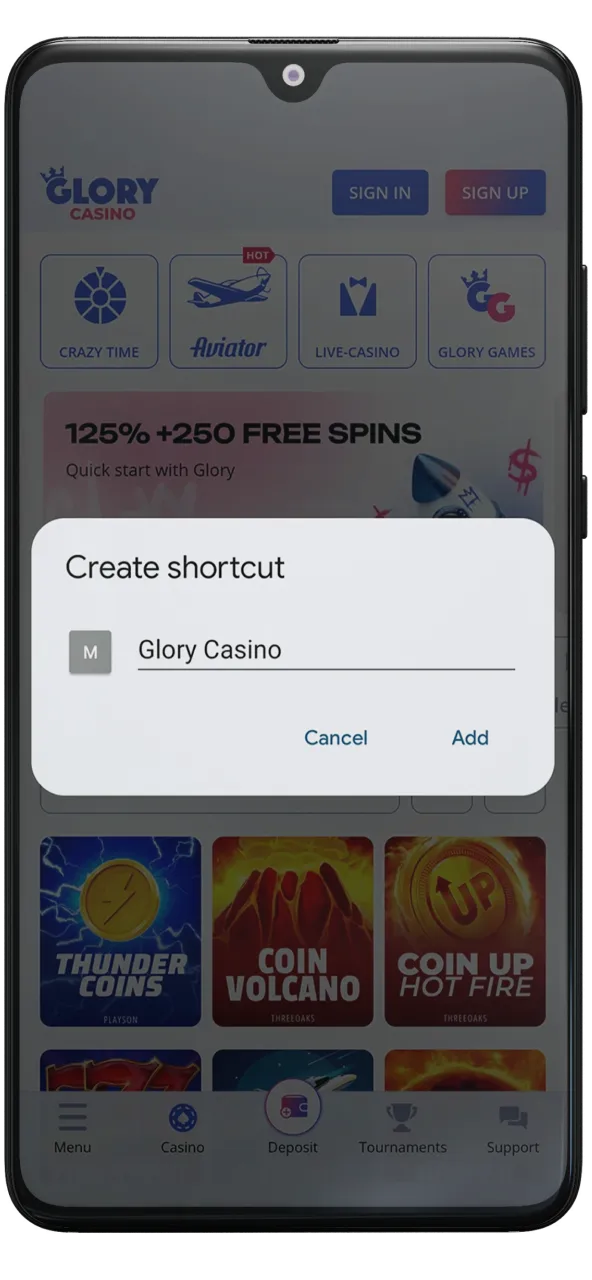 Complete the installation process of the Glory Casino Android app.