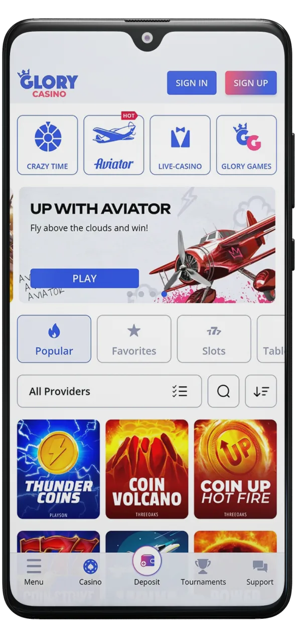 On Android device launch your browser and type Glory Casino's official site into the address bar.