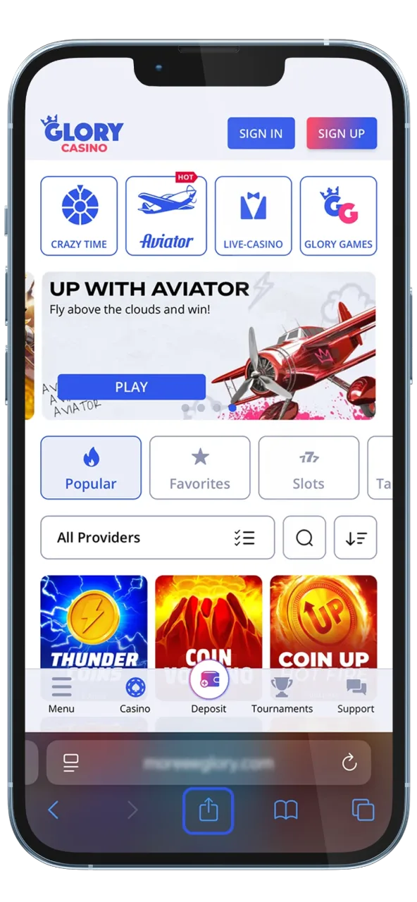 Bring up the Safari browser menu to start the installation process for the Glory Casino iOS app.