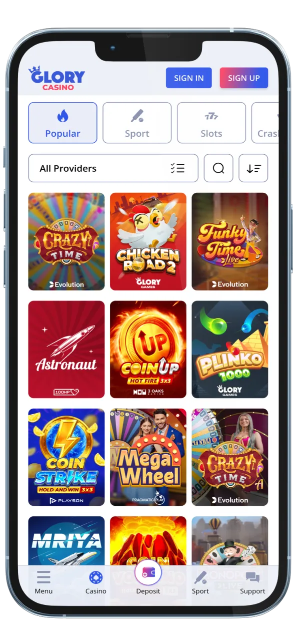 A dynamic selection of casino games bursting with color and excitement, powered by Glory Casino.