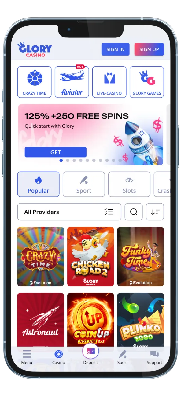 Glory Casino app home screen showcasing vibrant gaming options.