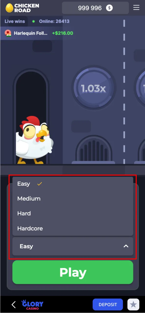 Set your bet and level in Chicken Road at Glory Casino.