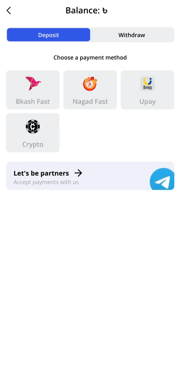 Choose payment and fund your Glory Casino wallet.