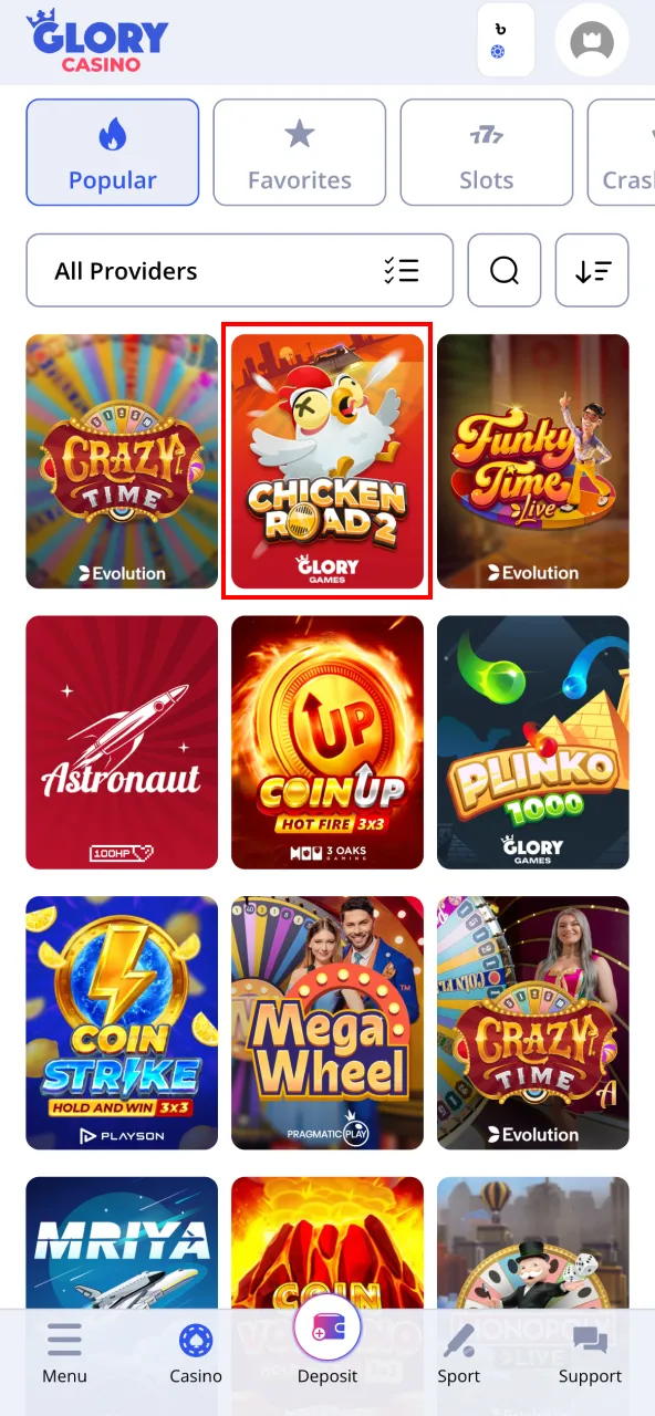 Use Glory Casino search to play Chicken Road.