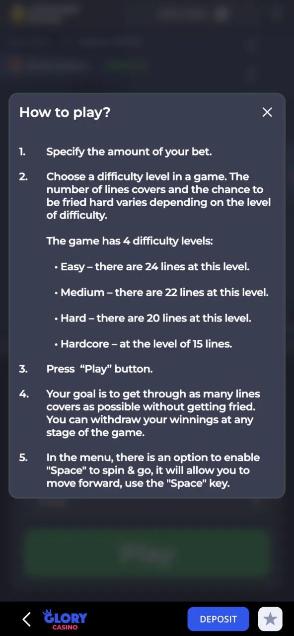 Chicken Road rules at Glory Casino with clear gameplay and win conditions.