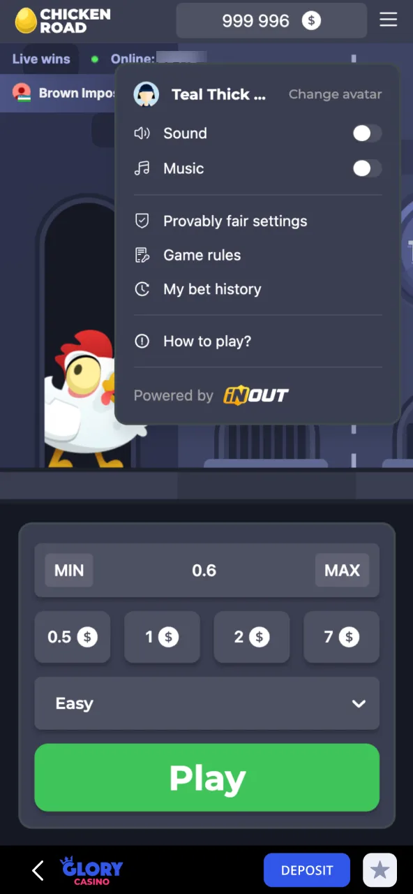 Chicken Road settings at Glory Casino with sound, bets, and display options.