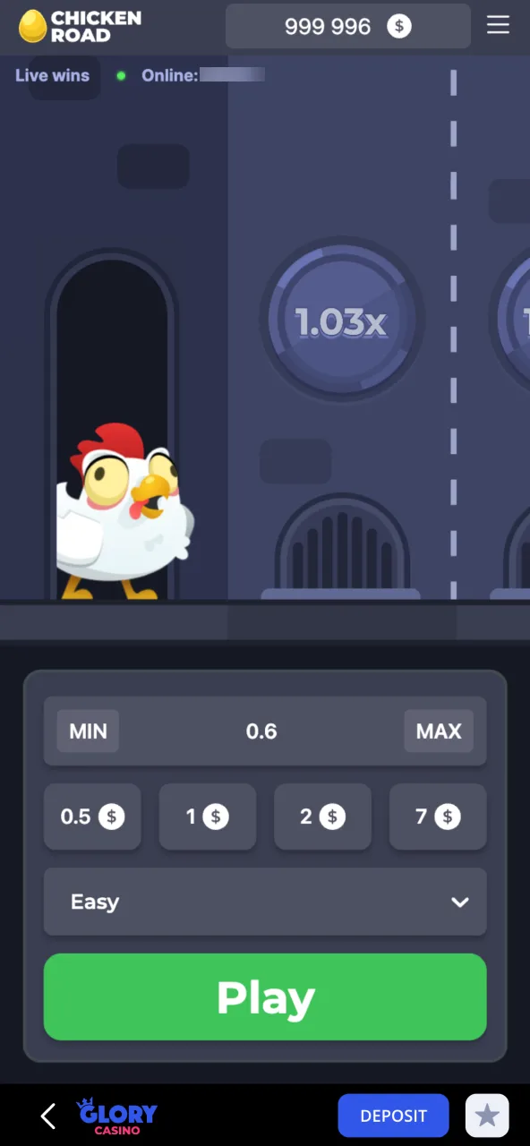 Game start in Chicken Road at Glory Casino with lively visuals.