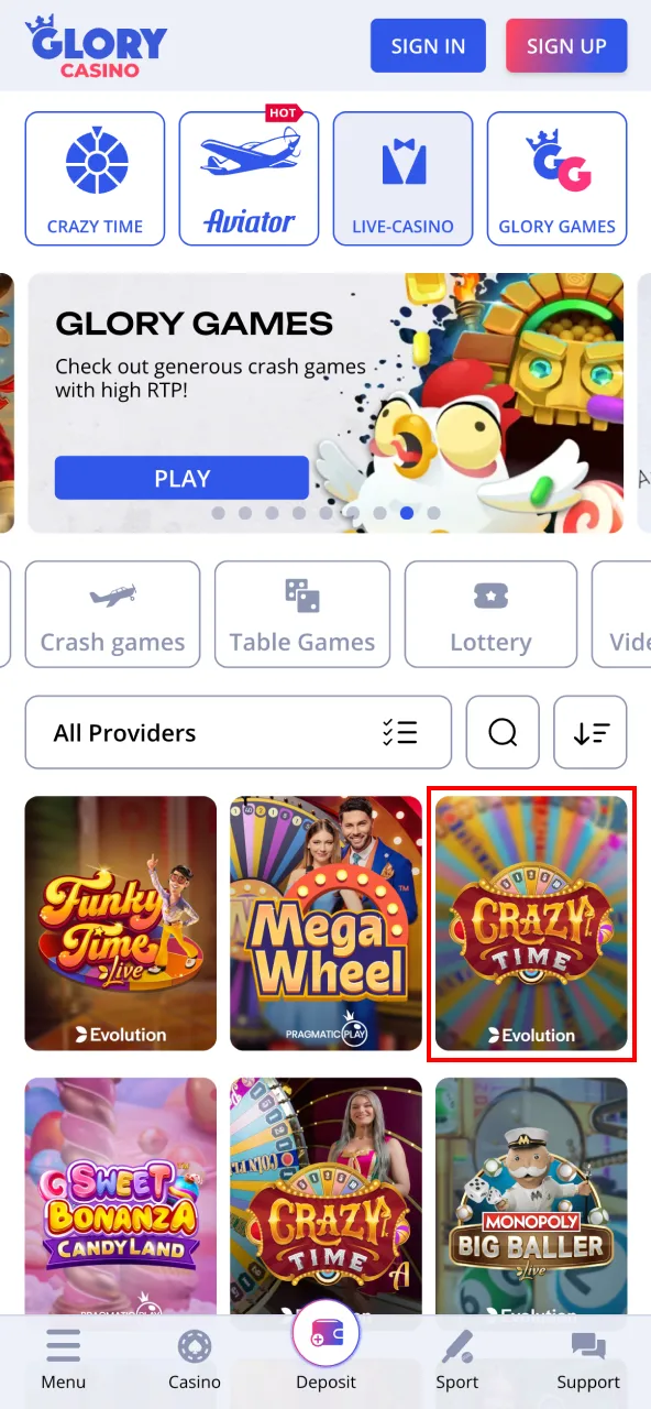 Select Crazy Time in Glory Casino and start spinning.