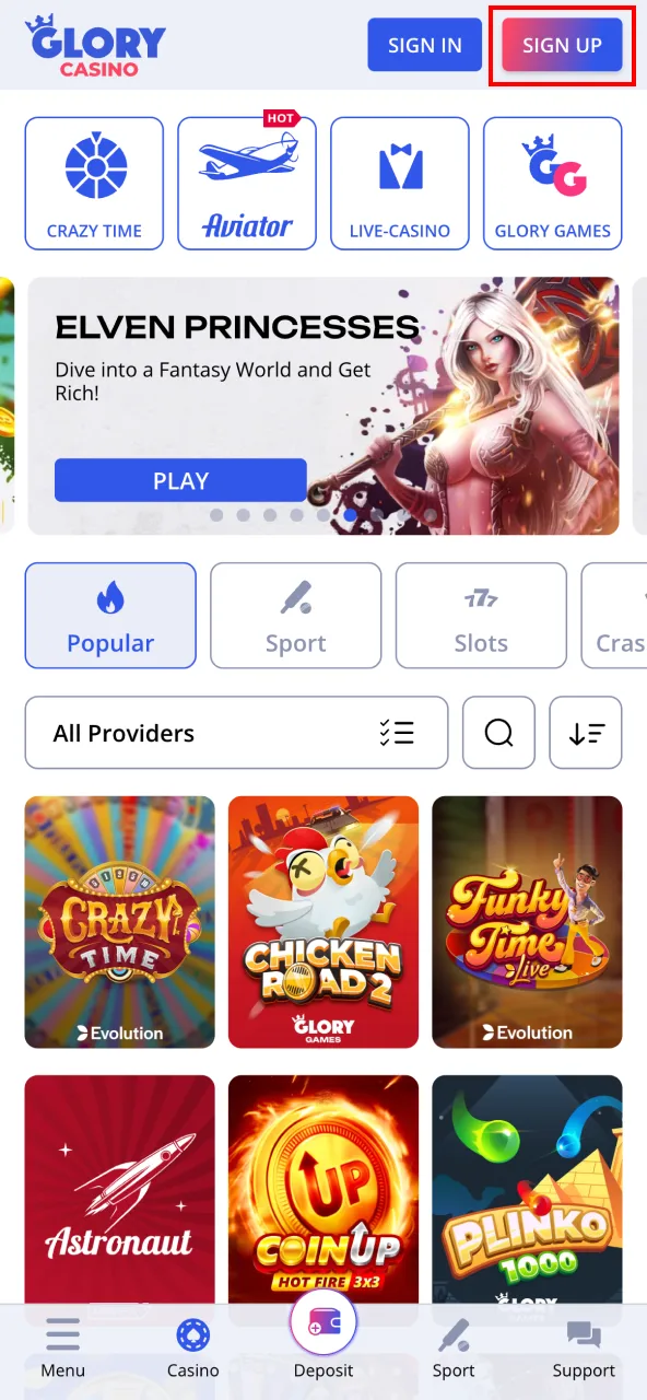 Create your account at Glory Casino instantly.