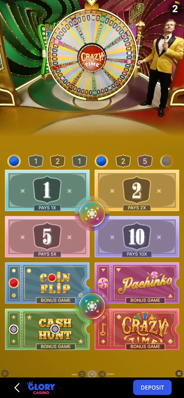 Follow every spin in Crazy Time live at Glory Casino.