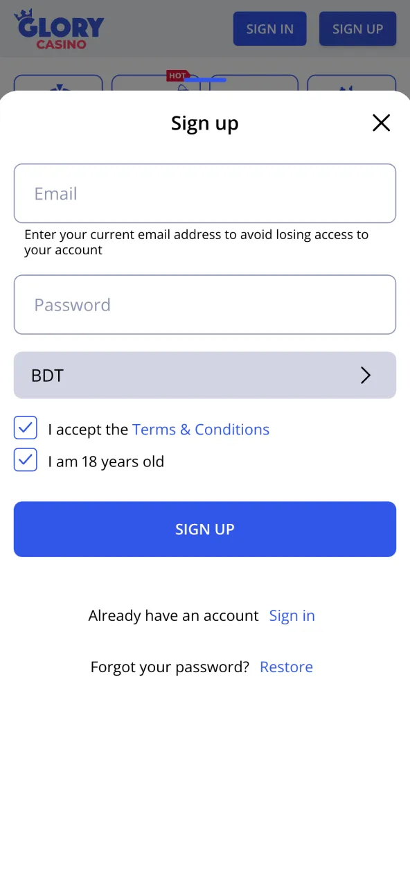 Enter your details to register at Glory Casino.