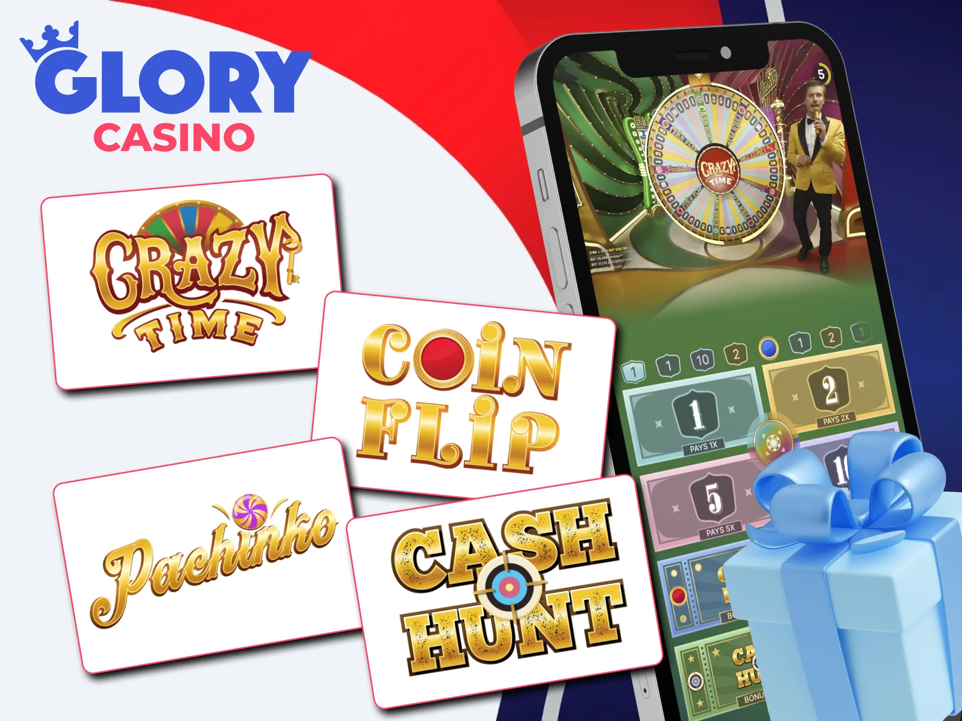 Play Crazy Time at Glory Casino and unlock Cash Hunt, Pachinko, and more bonus games.