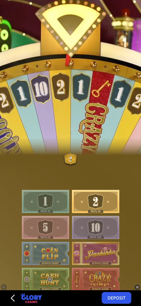Final results and payouts in Crazy Time at Glory Casino as the round ends.