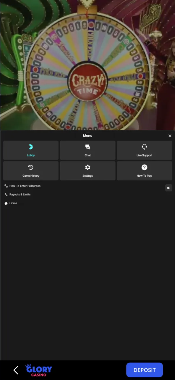 Crazy Time game menu at Glory Casino with quick access to settings.
