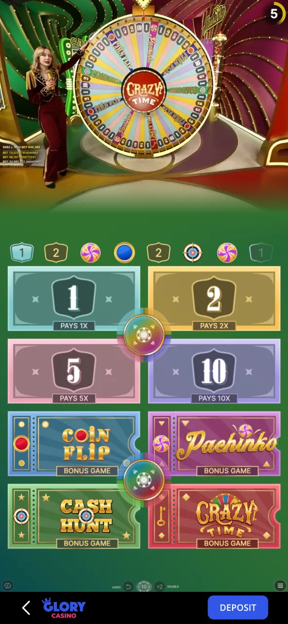 Live Crazy Time action at Glory Casino with real-time betting.