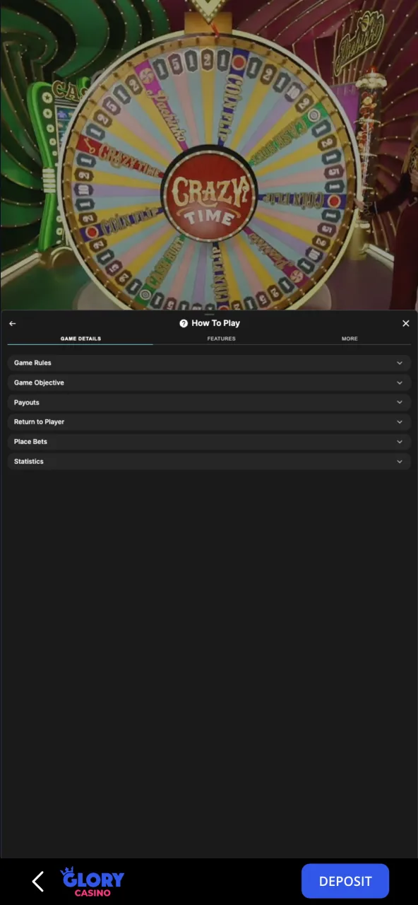 Crazy Time rules at Glory Casino with gameplay and bonus info.