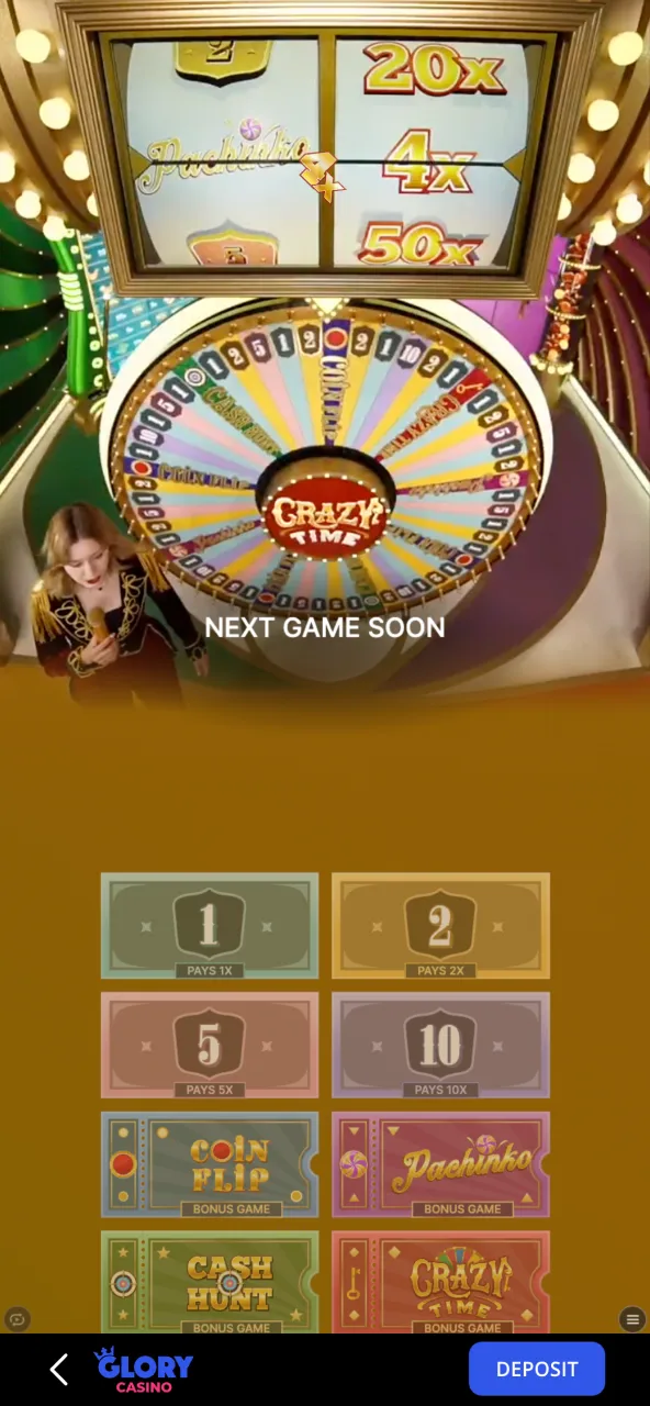 Crazy Time main screen at Glory Casino with vibrant visuals and instant action.