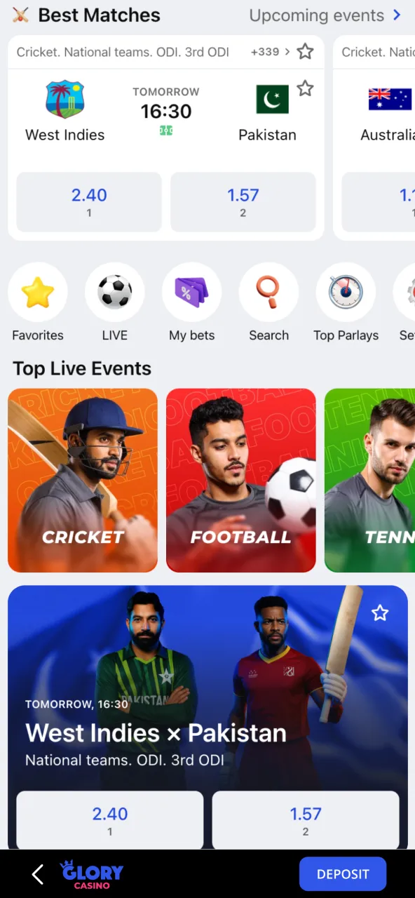 Select a sport at Glory Casino to start betting.