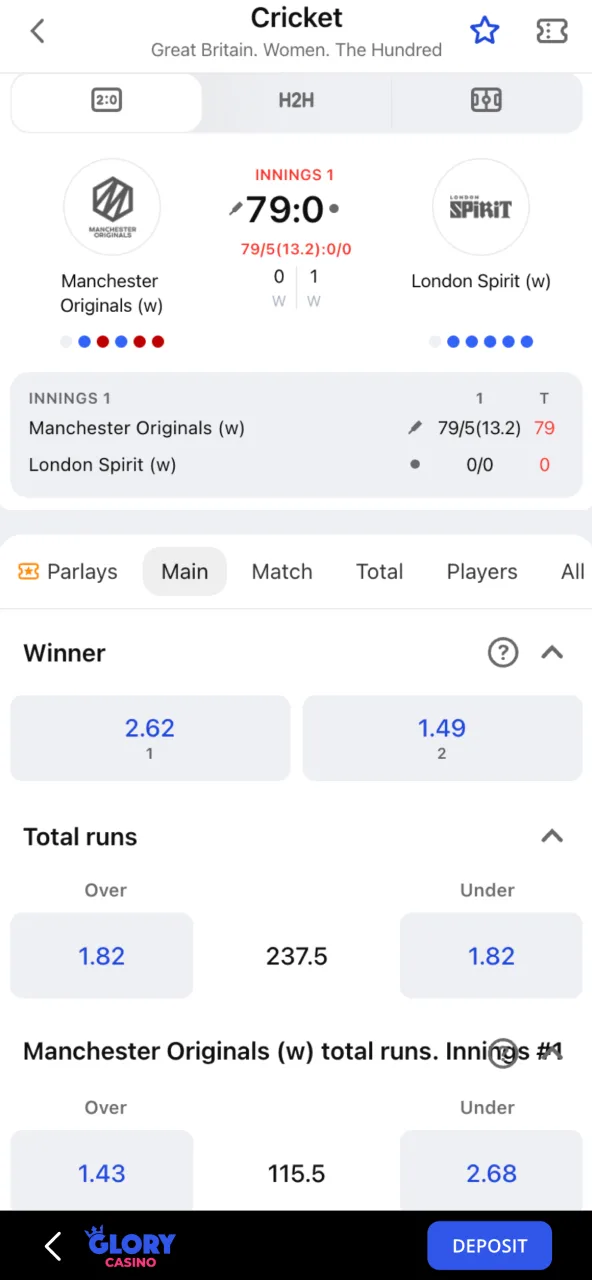 Enter your stake at Glory Casino, check odds, and place your bet.